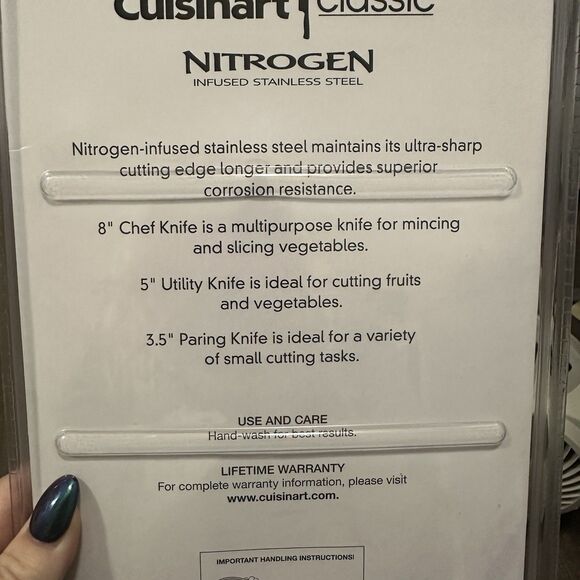 Cuisinart Classic NITROGEN INFUSED 8" Chef 5" Utility 3" Paring Knife Set NEW - Picture 3 of 4